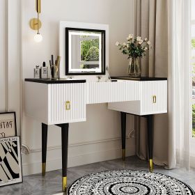 43.3" Modern Vanity Table Set with Flip-top Mirror and LED Light, Dressing Table with Customizable Storage, White and Black