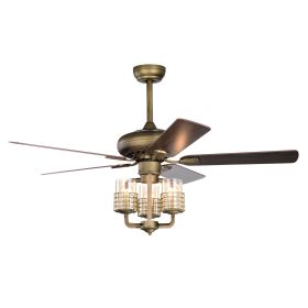 [Video]52inch Bronze Metal 3 Lights Ceiling Fan with 5 Wood Blades, Two-color fan blade, AC Motor, Remote Control, Reversible Airflow, Multi-Speed, Ad