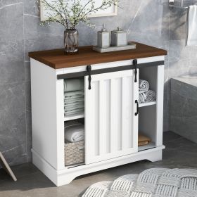 Bathroom Storage Cabinet; Freestanding Accent Cabinet; Sliding Barn Door; Thick Top; Adjustable Shelf; White and Brown