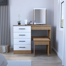 Makeup Dressing Table Roxx, Four Drawers, One Mirror, Stool, Pine / White Finish