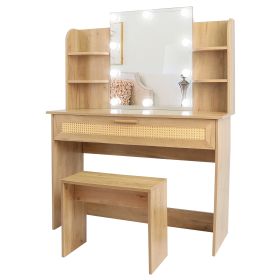 Vanity Desk Set & Dressing Table with LED Lighting Mirror Drawer and Compartments Modern Wood Cosmetic Table Chest of Drawers Nature Color