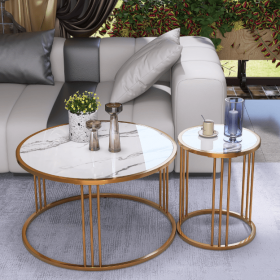 Coffee Table Set of 2, Round Slate Coffee Table with Steel Frame For Living Room