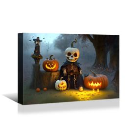 Drop-Shipping Framed Canvas Wall Art Decor Painting For Halloween, Skeleton with Jack-o-lanterns Painting For Halloween Gift, Decoration For Halloween