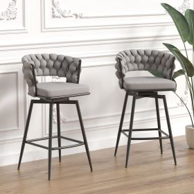 Bar Chair Linen Woven Bar Stool Set of 2,Black legs Barstools No Adjustable Kitchen Island Chairs,360 Swivel Bar Stools Upholstered Bar Chair Counter