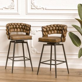 Technical Leather Woven Bar Stool Set of 2,Black legs Barstools No Adjustable Kitchen Island Chairs,360 Swivel Bar Stools Upholstered Bar Chair Counte