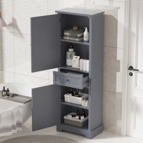 Bathroom Storage Cabinet, Tall Storage Cabinet with Two Doors and Drawer, Adjustable Shelf, Grey