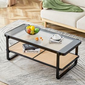 Modern minimalist rectangular double layer black solid wood imitation rattan coffee table with a Chinese style side table with craft glass tabletop, s