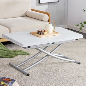 Modern minimalist multifunctional lift table with 0.8 inch MDF desktop and silver metal legs, can be used as a dressing table, coffee table, dining ta