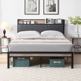 Queen Size Metal Platform Bed Frame with upholstery storage function Headboard and USB LINER and Footboard , No Box Spring Needed