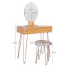 Dressing Table White Vanity Set with 3-Color Dimmable Lighted Mirror Makeup Desk with 2 Drawers and Yellow Padded Stool