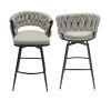 Bar Chair Linen Woven Bar Stool Set of 2,Black legs Barstools No Adjustable Kitchen Island Chairs,360 Swivel Bar Stools Upholstered Bar Chair Counter