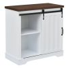 Bathroom Storage Cabinet; Freestanding Accent Cabinet; Sliding Barn Door; Thick Top; Adjustable Shelf; White and Brown