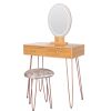 Dressing Table White Vanity Set with 3-Color Dimmable Lighted Mirror Makeup Desk with 2 Drawers and Yellow Padded Stool