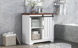 Bathroom Storage Cabinet; Freestanding Accent Cabinet; Sliding Barn Door; Thick Top; Adjustable Shelf; White and Brown