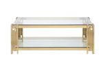 Woker Furniture 48" Wide Rectangular Coffee Table with Glass Top, Golden Stainless Steel Double-Layer Coffee Table for Living Room