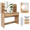 Vanity Desk Set & Dressing Table with LED Lighting Mirror Drawer and Compartments Modern Wood Cosmetic Table Chest of Drawers Nature Color