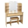 Vanity Desk Set & Dressing Table with LED Lighting Mirror Drawer and Compartments Modern Wood Cosmetic Table Chest of Drawers Nature Color