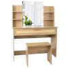 Vanity Desk Set & Dressing Table with LED Lighting Mirror Drawer and Compartments Modern Wood Cosmetic Table Chest of Drawers Nature Color