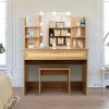 Vanity Desk Set & Dressing Table with LED Lighting Mirror Drawer and Compartments Modern Wood Cosmetic Table Chest of Drawers Nature Color