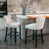 Contemporary Velvet Upholstered Wing-Back Barstools with Button Tufted Decoration and Wooden Legs, and Chrome Nailhead Trim, Leisure Style Bar Chairs,