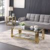 Woker Furniture 48" Wide Rectangular Coffee Table with Glass Top, Golden Stainless Steel Double-Layer Coffee Table for Living Room