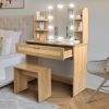 Vanity Desk Set & Dressing Table with LED Lighting Mirror Drawer and Compartments Modern Wood Cosmetic Table Chest of Drawers Nature Color