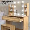 Vanity Desk Set & Dressing Table with LED Lighting Mirror Drawer and Compartments Modern Wood Cosmetic Table Chest of Drawers Nature Color