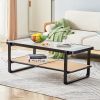 Modern minimalist rectangular double layer black solid wood imitation rattan coffee table with a Chinese style side table with craft glass tabletop, s