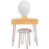 Dressing Table White Vanity Set with 3-Color Dimmable Lighted Mirror Makeup Desk with 2 Drawers and Yellow Padded Stool