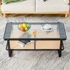 Modern minimalist rectangular double layer black solid wood imitation rattan coffee table with a Chinese style side table with craft glass tabletop, s