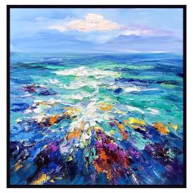 Modern Artist Painted Abstract Dark Blue Sea Oil Painting On Canvas Wall Art Frameless Picture Decor For Living Room Home Gift (size: 60x60cm)