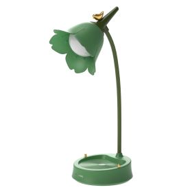 Cute LED Desk Lamp, Kawaii Flower Bird Table Lamp USB Rechargeable (Color: Green)