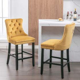 A&A Furniture,Contemporary Velvet Upholstered Barstools with Button Tufted Decoration and Wooden Legs, and Chrome Nailhead Trim, Leisure Style Bar Cha (Color: as Pic)