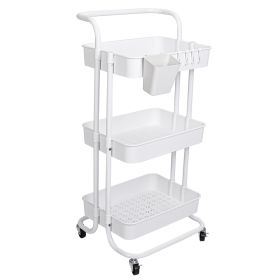 3 Tier Rolling Utility Cart Movable Storage Organizer with Mesh Baskets Lockable Wheels 360 Degree Rotatable Hanging Box Hooks Bedroom Bathroom Kitche (Type: 3 Tier, Color: White)