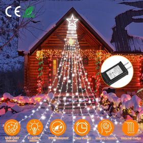 Christmas Hanging Waterfall String Light with Topper Star IP65 Waterproof Outdoor Plug In Fairy Waterfall Tree Light with 8 Lighting Modes Timer Memor (Lighting Color: White)