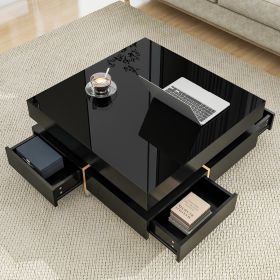 ON-TREND Modern High Gloss Coffee Table with 4 Drawers, Multi-Storage Square Cocktail Tea Table with Wood Grain Legs, Center Table for Living Room, 31 (Color: as Pic)