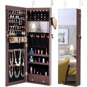 LED Lights Jewelry Storage Mirror Cabinet (Color: Brown)